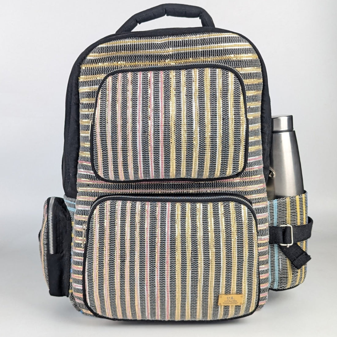 Multicolored with Shimmery Stripes Upcycled Handwoven Commuter Backpack (CBP0624-007) PS_W