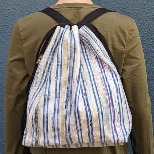 (NLBP0424-004) White Waste Plastic Wrappers with Blue Stripes Upcycled Handwoven Light Backpack