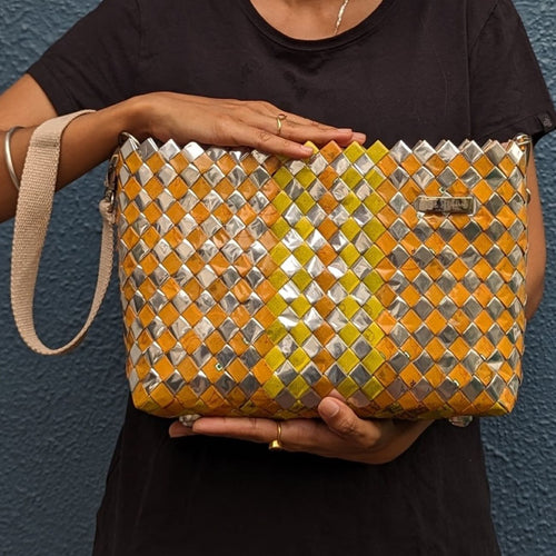Orange Yellow Sliver Waste Plastic Wrappers Upcycled Origami Handcrafted Basketry Clutch Sling (NBB0424-004)