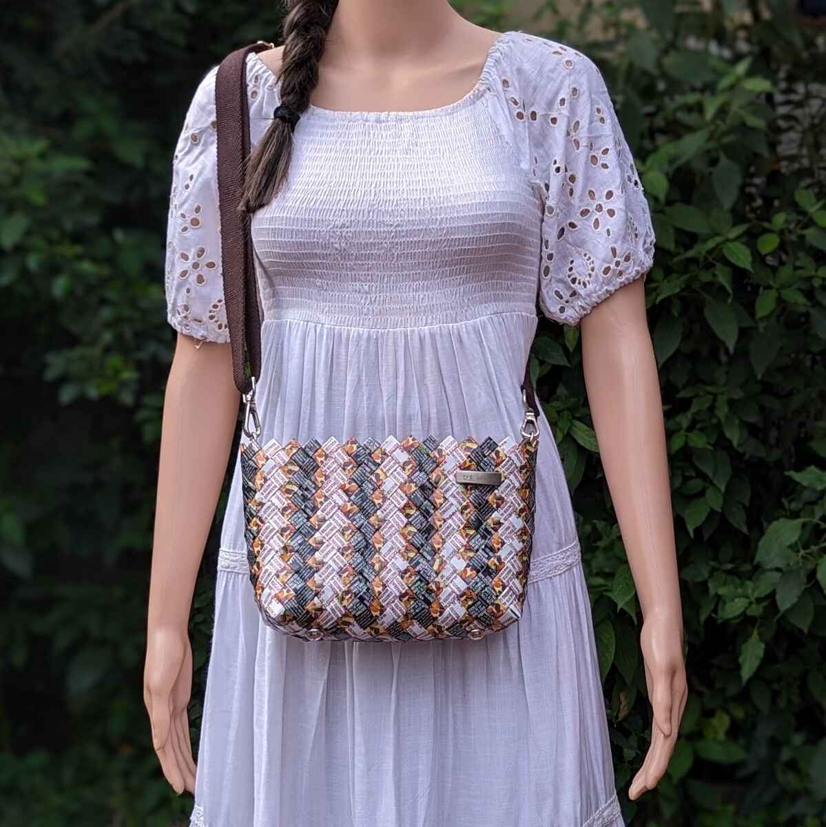 Orange Brown White Upcycled Origami Handcrafted Basketry Sling (NBB0824-003) PS_W