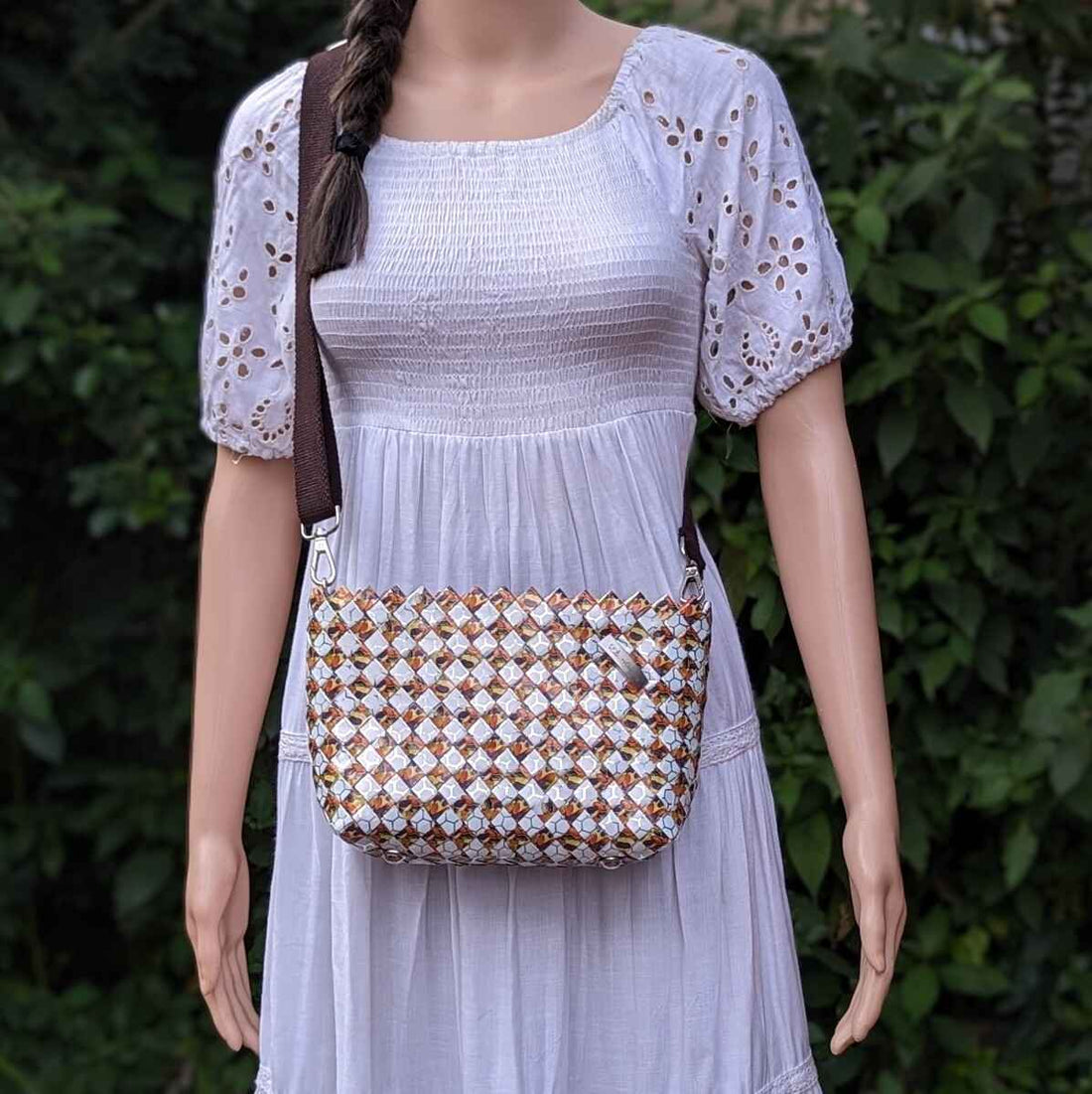 Orange Brown White Upcycled Origami Handcrafted Basketry Sling (NBB0824-005) PS_W