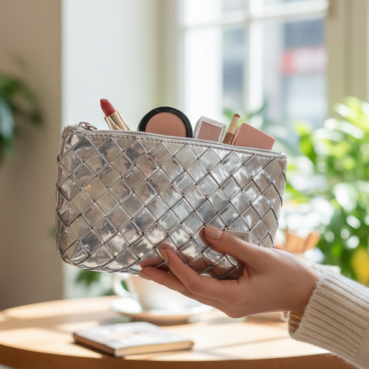 Origami_Upcycled_Handcrafted_Clutch_with_female model