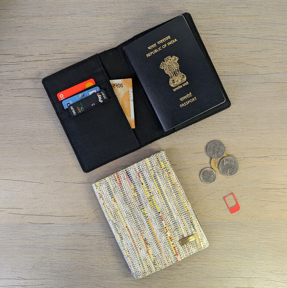 reCharkha Upcycled Handwoven Recycle Livelihoods Handcraft Passport Cover Ethically Tribal Made in India Pune Warli Tribe Handloom Refash Trash Fash Waste EcoSocial Upcyclers Conscious Fashion Upcycled slow Trending Swadeshi Weave Textile