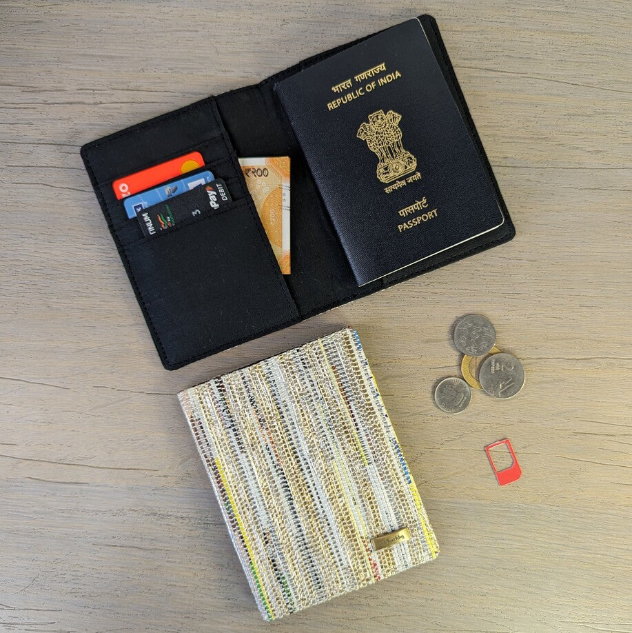reCharkha Upcycled Handwoven Recycle Livelihoods Handcraft Passport Cover Ethically Tribal Made in India Pune Warli Tribe Handloom Refash Trash Fash Waste EcoSocial Upcyclers Conscious Fashion Upcycled slow Trending Swadeshi Weave Textile