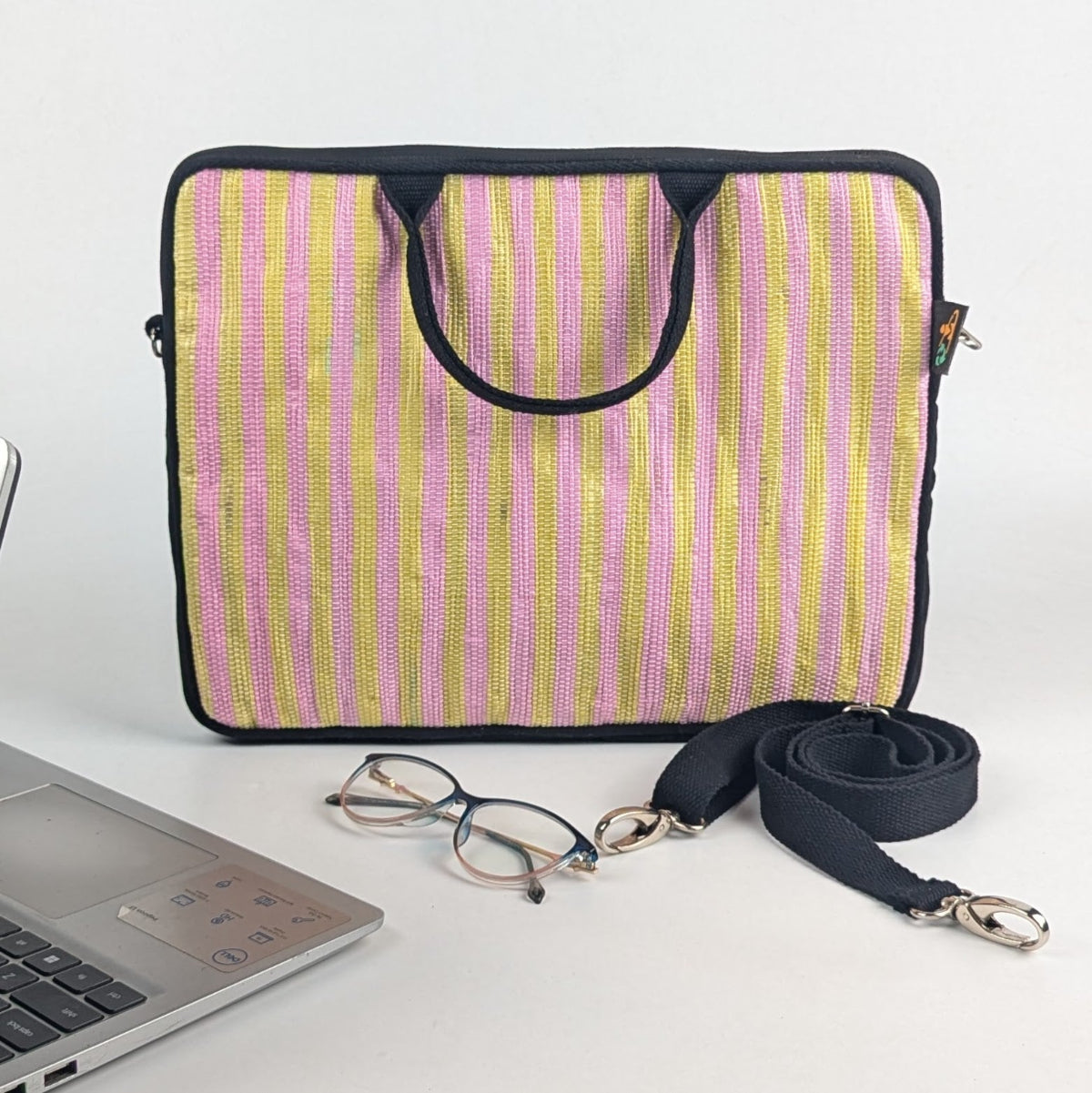 Pink Yellow Striped Upcycled Handwoven Laptop Sleeve 14 inch (LSB141124-005) PS_W