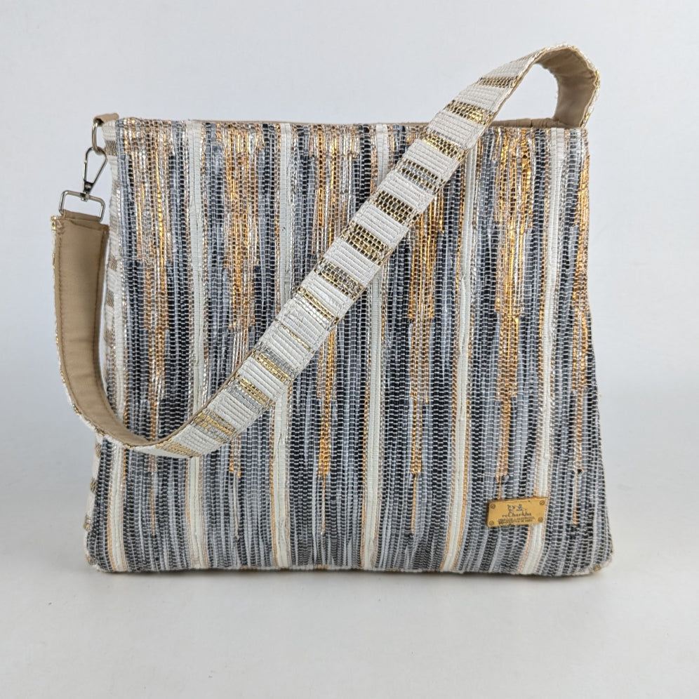 Golden Shimmery Black Upcycled Handwoven Designer Trapeze Tote (TTD0125-001) PS_W