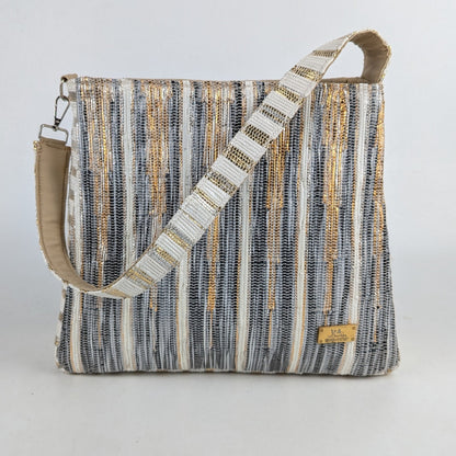 Golden Shimmery Black Upcycled Handwoven Designer Trapeze Tote (TTD0125-001) PS_W