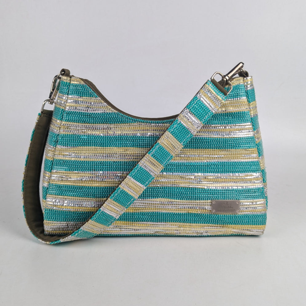 Shimmery Silver Green Striped Upcycled Handwoven Baguette Bag (BTB0125-008) PS_W