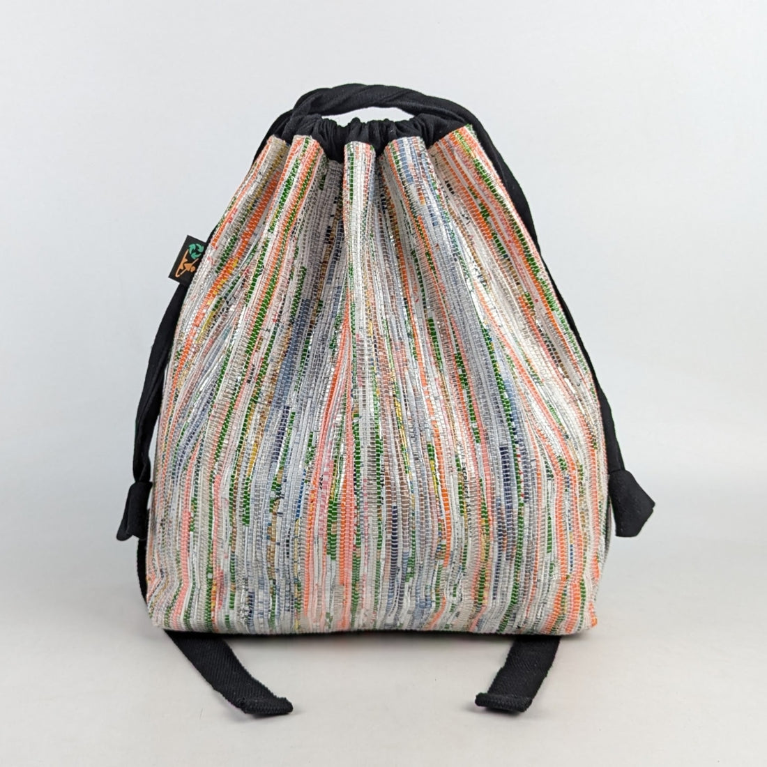 Shimmery Silver With Broad Blue Striped Upcycled Handwoven Light Backpack (NLBP1124-005) PS_W