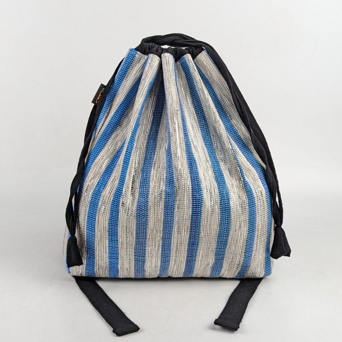 Shimmery Silver With Broad Blue Striped Upcycled Handwoven Light Backpack (NLBP1124-005) PS_W