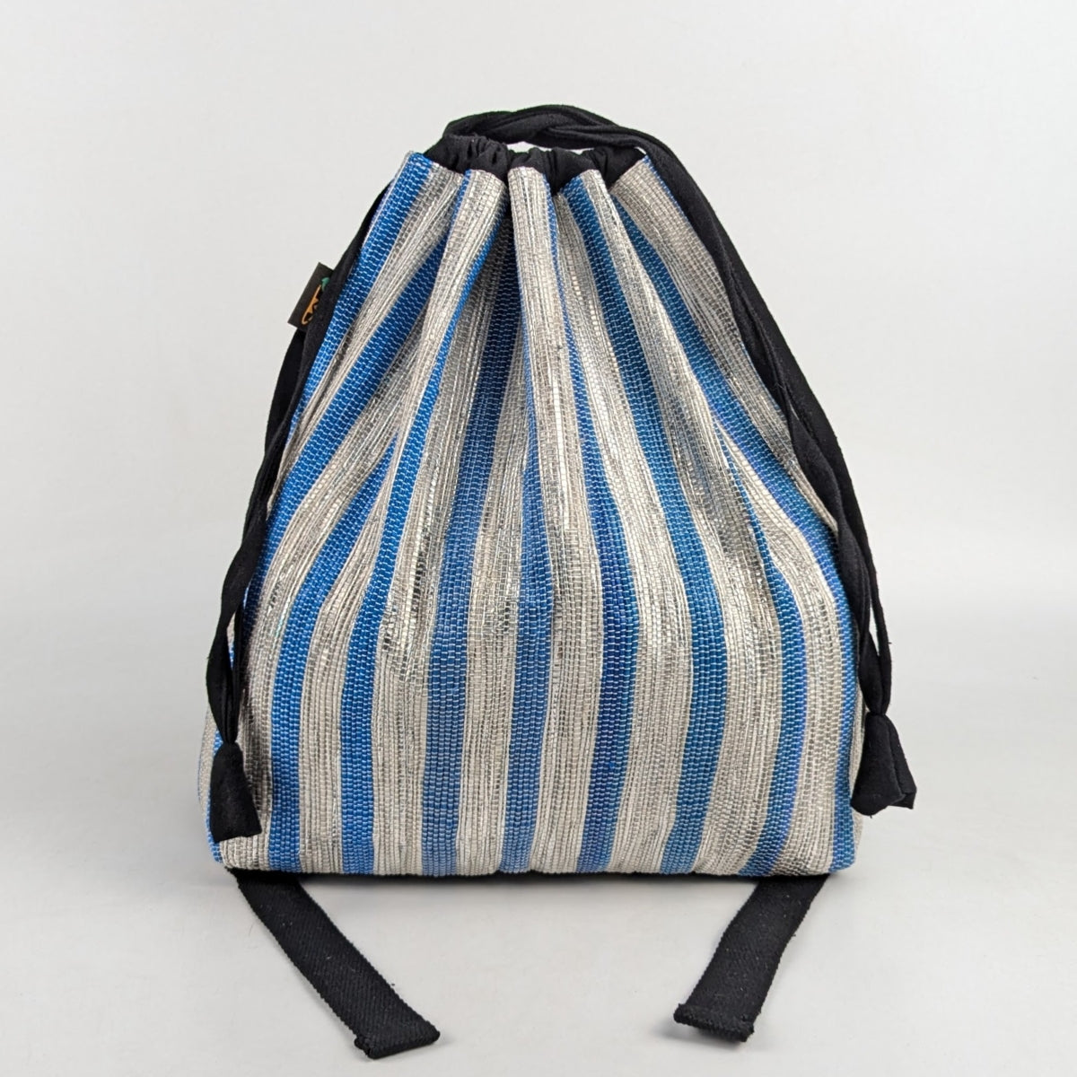 Shimmery Silver With Broad Blue Striped Upcycled Handwoven Light Backpack (NLBP1124-005) PS_W