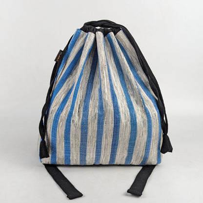 Shimmery Silver With Broad Blue Striped Upcycled Handwoven Light Backpack (NLBP1124-005) PS_W