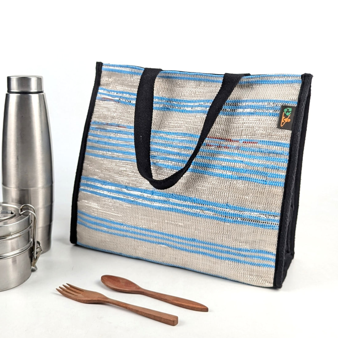Red Blue White Striped Upcycled Handwoven Lunch Bag (LB0824-015) PS_W