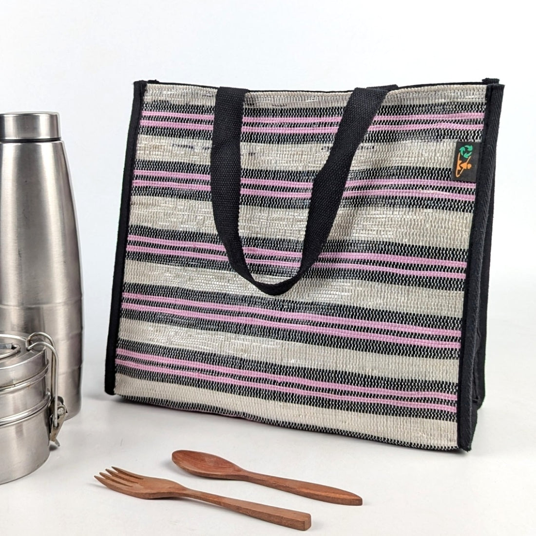 Pink White Black Striped Upcycled Handwoven Lunch Bag (LB0624-003) PS_W