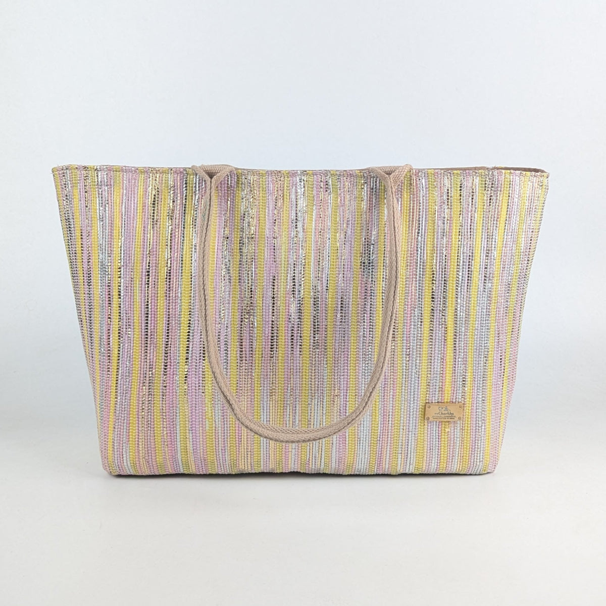 Pink-Gold with Yellow stripes Upcycled Handwoven Office Tote (OT0225-009)