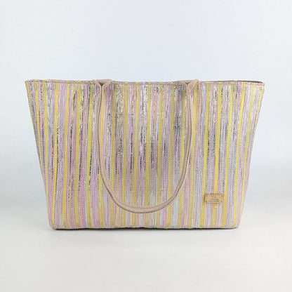 Pink-Gold with Yellow stripes Upcycled Handwoven Office Tote (OT0225-009)