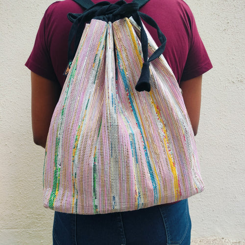 Pink Golden with Blue Yellow Green Tinge Upcycled Handwoven Light Backpack (NLBP0324-108) MS_W