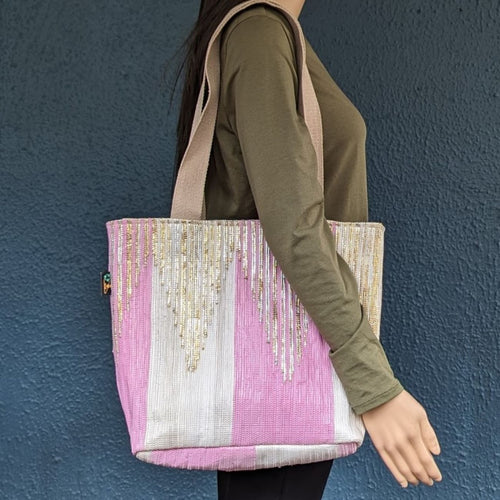 Pink White Golden Sliver Waste Plastic Wrappers Upcycled Handwoven Designer Shopper Tote (DST0424-001)