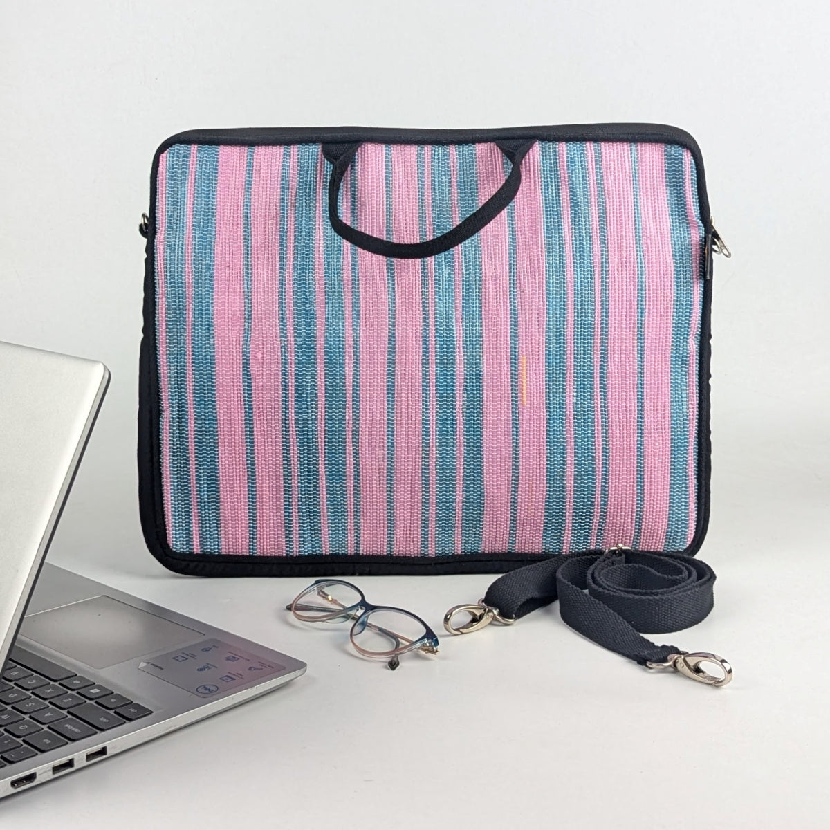 Pink Blue Striped Upcycled Handwoven Laptop Sleeve 16 inch (LSB161124-006) PS_W
