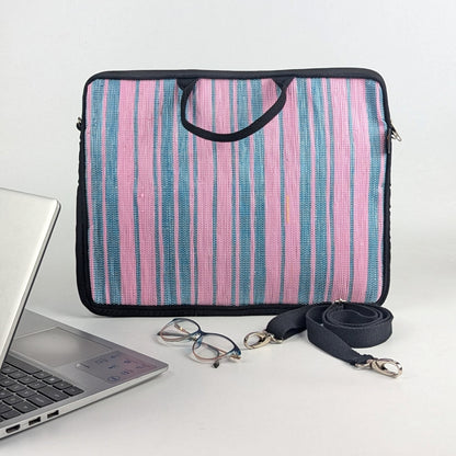Pink Blue Striped Upcycled Handwoven Laptop Sleeve 16 inch (LSB161124-006) PS_W