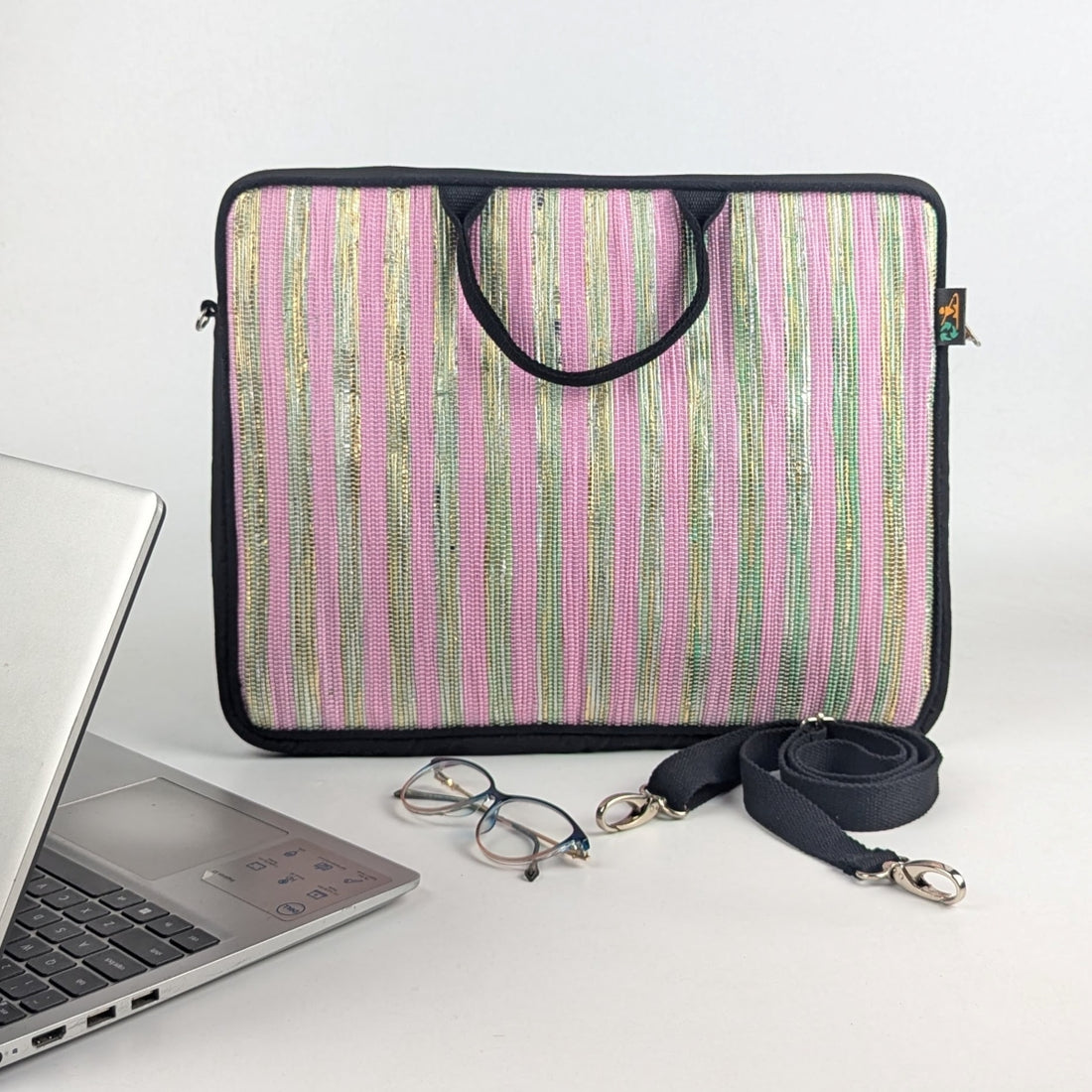 Pink Shimmery Golden Striped Upcycled Handwoven Laptop Sleeve 16 inch (LSB161124-001) PS_W