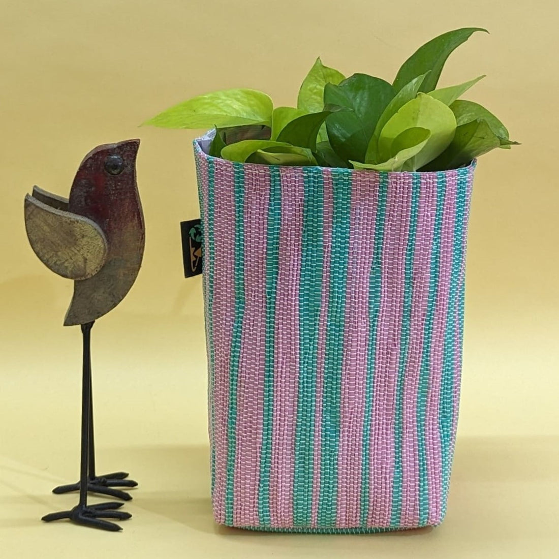 Pink and Green Striped Upcycled Handwoven Grow Pot Medium (GPM0824-004) PS_W