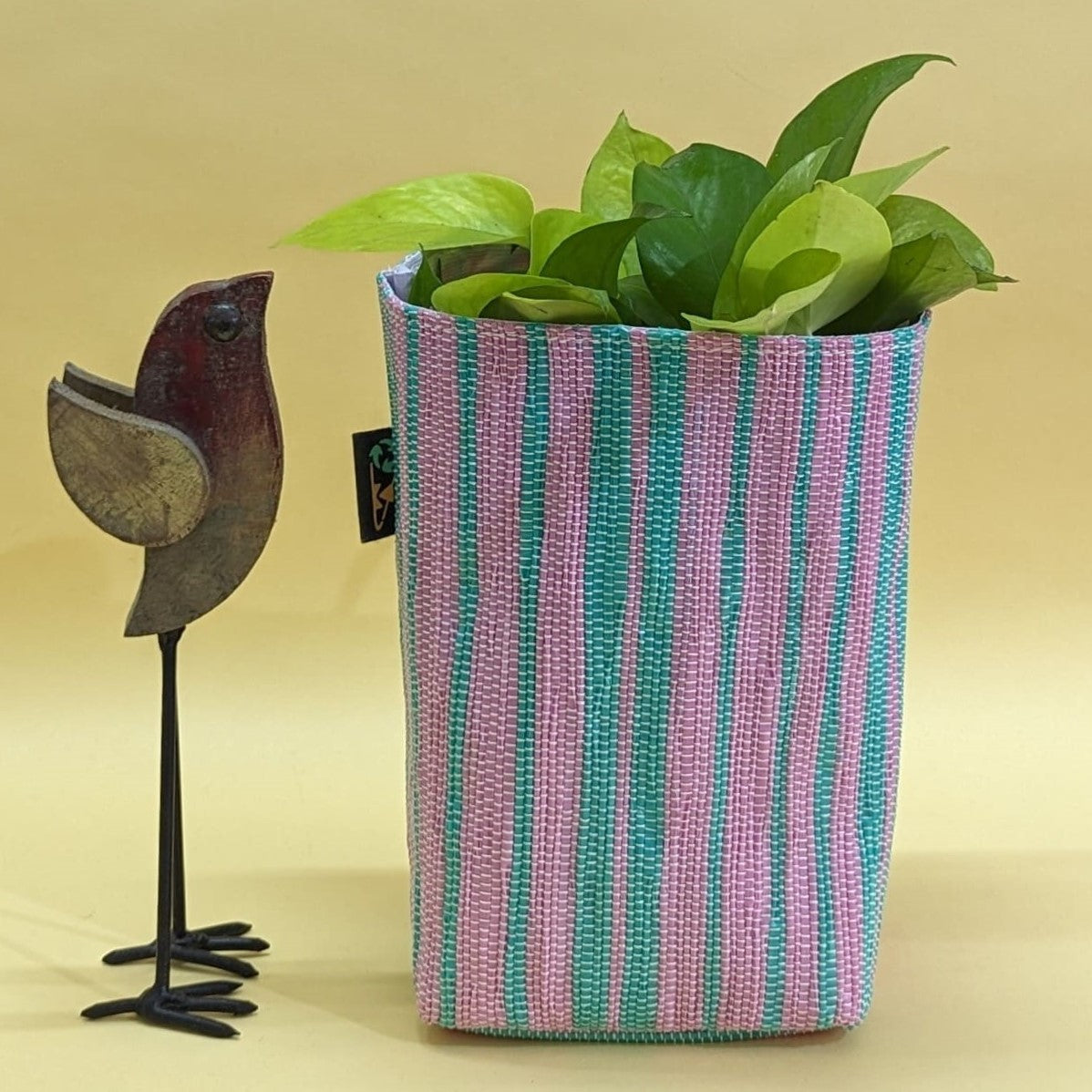 Pink and Green Striped Upcycled Handwoven Grow Pot Medium (GPM0824-004) PS_W