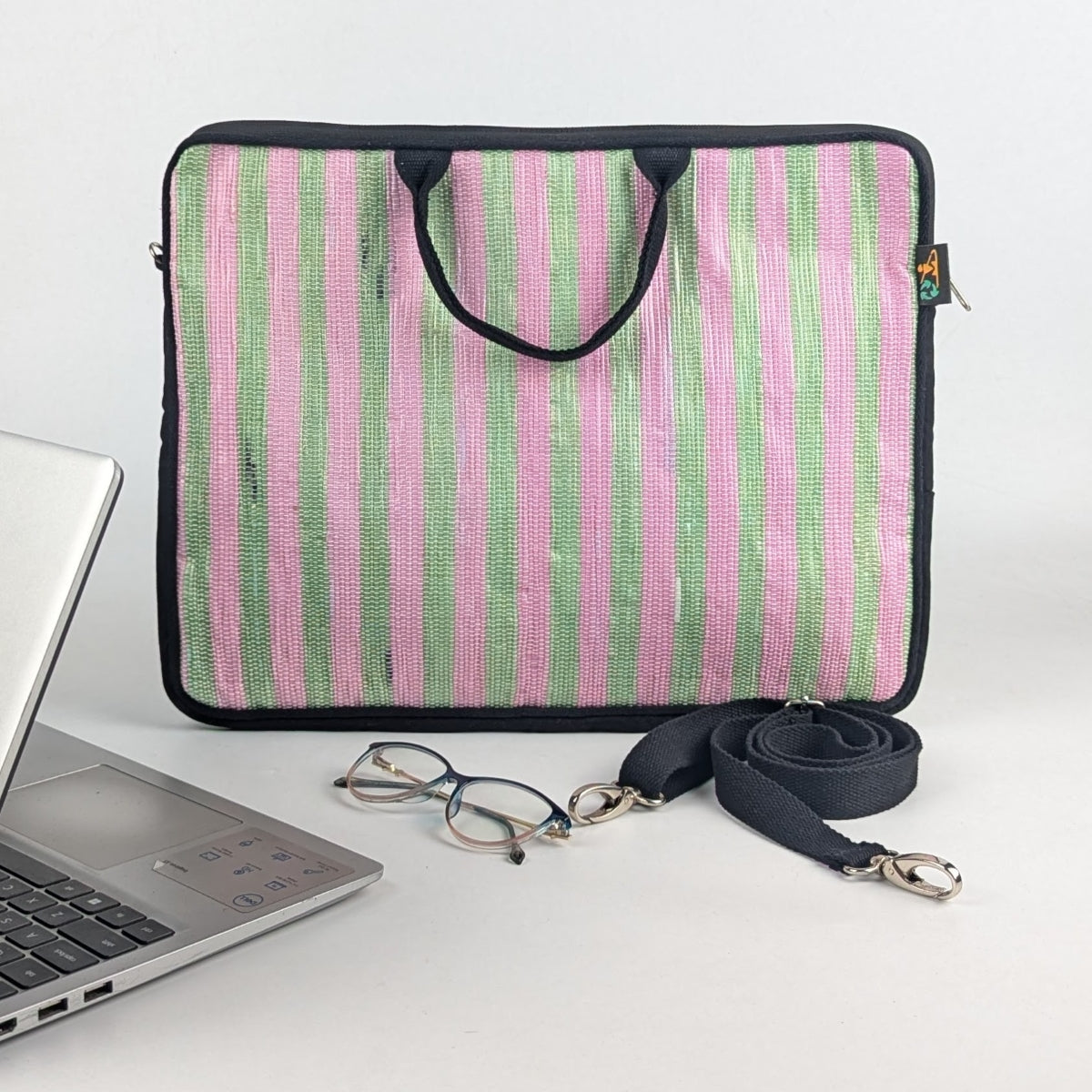 Pink and Green Striped Upcycled Handwoven Laptop Sleeve 16 inch (LSB160225-007) PS_W