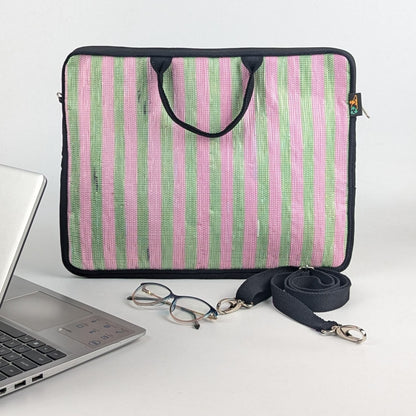 Pink and Green Striped Upcycled Handwoven Laptop Sleeve 16 inch (LSB160225-007) PS_W