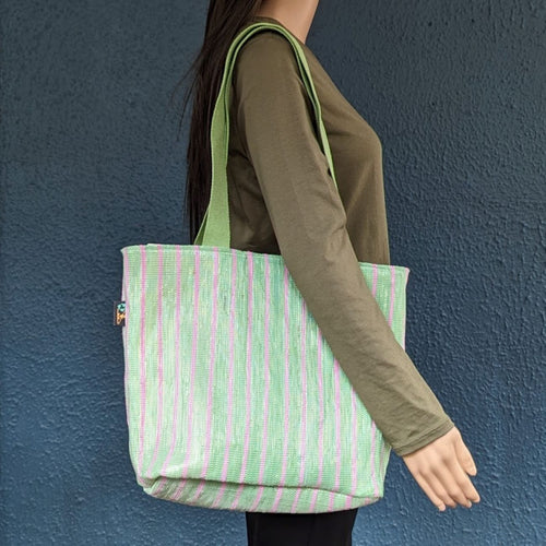 Pink and Green Waste Plastic Wrappers Upcycled Handwoven Shopper Tote (ST0424-004)