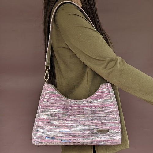 Pink and Silver Shimmery Waste Plastic Wrappers Upcycled Handwoven Baguette Bag (BTB0424-011) PS_W