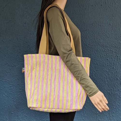 Pink and Yellow Shimmery Waste Plastic Wrappers Upcycled Handwoven Shopper Tote (ST0424-003)