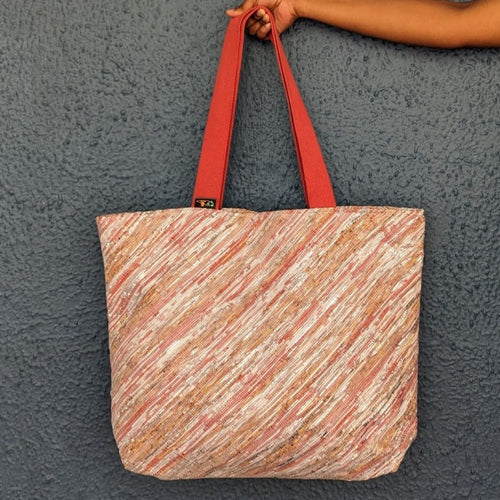 Red Orange White Mix Waste Plastic Wrappers Upcycled Handwoven Beach Bag (BB0424-018)