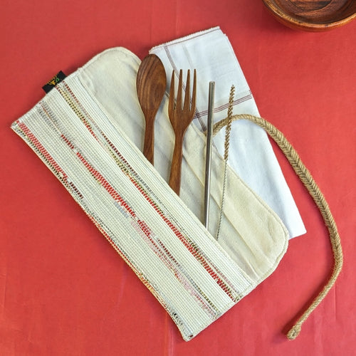 Red Stripes with Golden Tinge Upcycled Handwoven Cutlery Kit (CK0224-111)