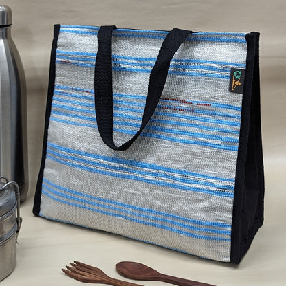 Red Blue White Striped Upcycled Handwoven Lunch Bag (LB0824-015) PS_W