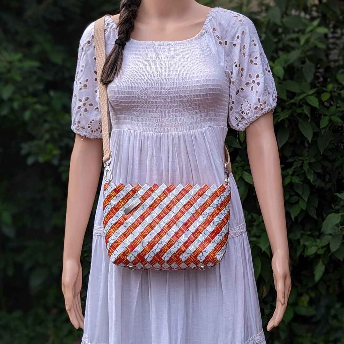 Red White Upcycled Origami Handcrafted Basketry Sling (NBB0824-008) PS_W