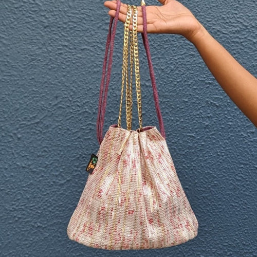 Red and White And Golden Mix Waste Plastic Wrappers Upcycled Handwoven Girija Potli Sling (GP0424-005)