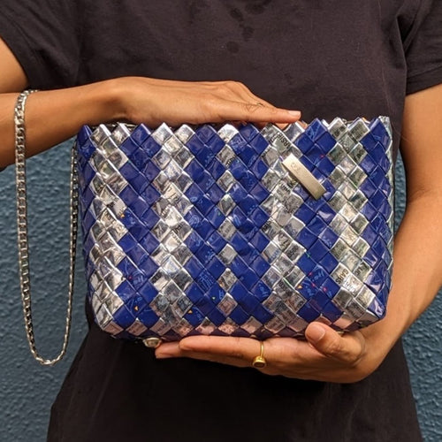 Royal Blue Sliver Waste Plastic Wrappers Upcycled Origami Handcrafted Basketry Clutch Sling (NBB0424-005)