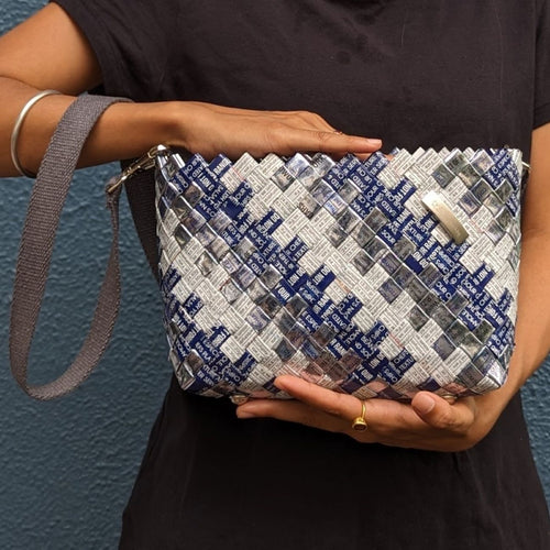 Royal Blue White Sliver Waste Plastic Wrappers Upcycled Origami Handcrafted Basketry Clutch Sling (NBB0424-006)