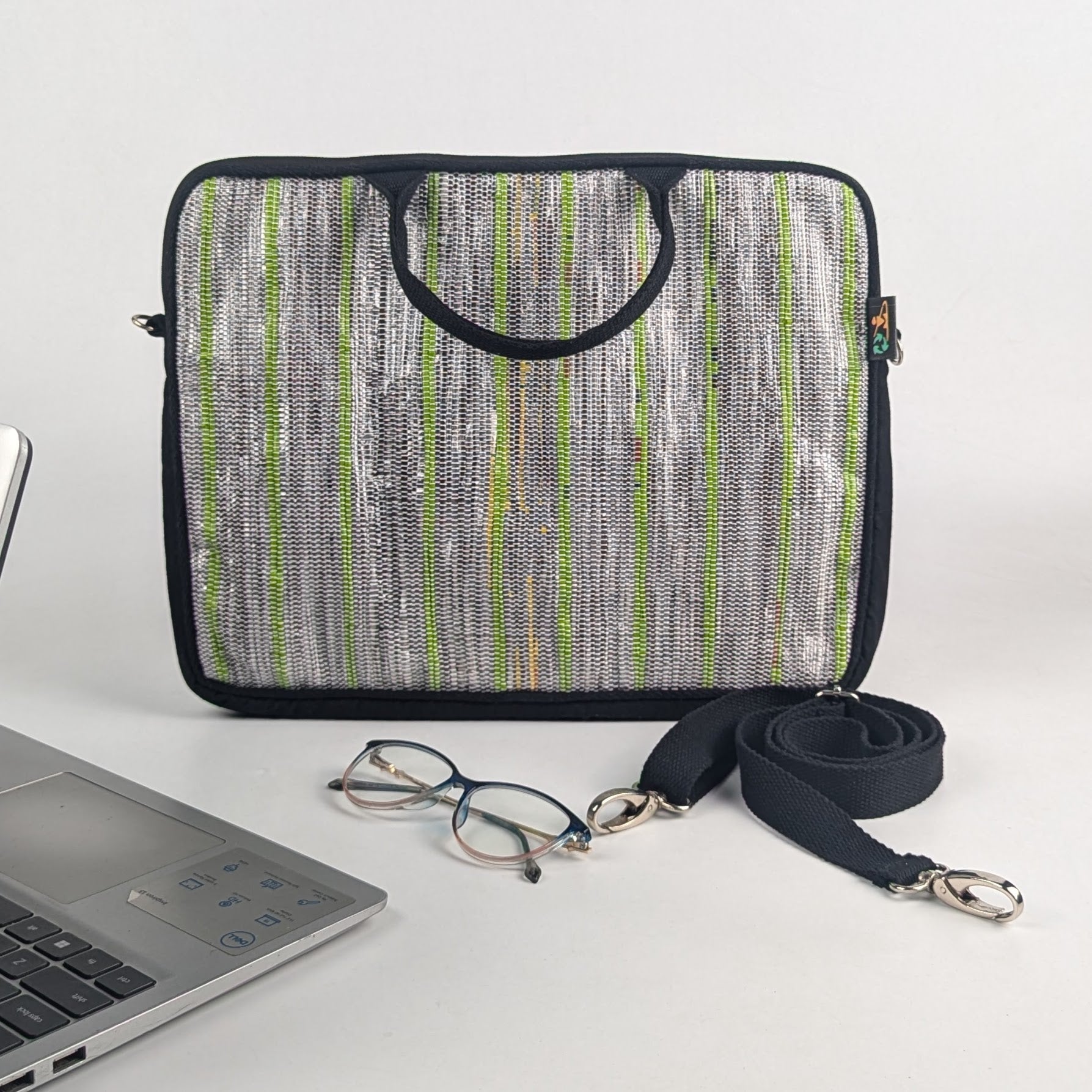 SIlver with Green Stripes Upcycled Handwoven Laptop Sleeves 14 inches (LSB140225-004) PS_W