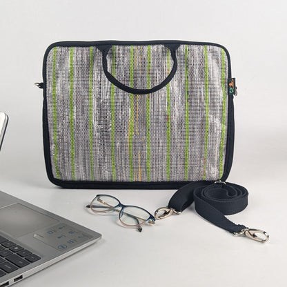 SIlver with Green Stripes Upcycled Handwoven Laptop Sleeves 14 inches (LSB140225-004) PS_W