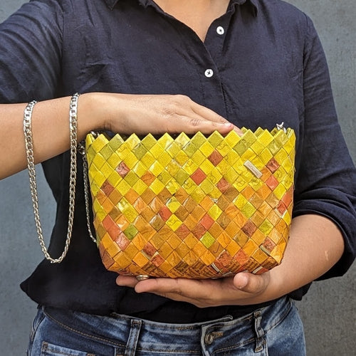 Shades of Yellow Thick Plastic Wrappers Upcycled Origami Handcrafted Basketry Clutch Sling (NBB0224-107)