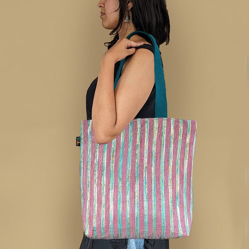 Shimmery Blue and Pink Striped Waste Plastic Wrappers Upcycled Handwoven Shop N Go (SNG0524-008)