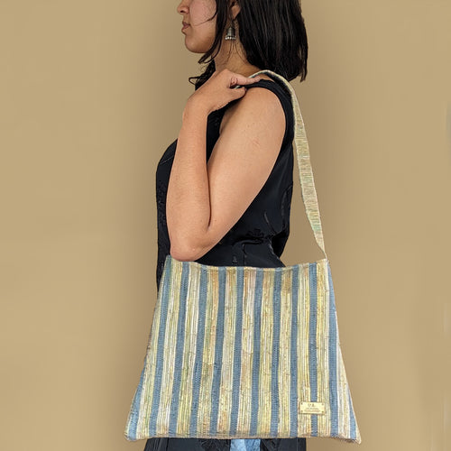 Shimmery Golden and Blue White Striped Waste Plastic Wrappers Upcycled Handwoven Trapeze Tote (TT0524-002) PS_W