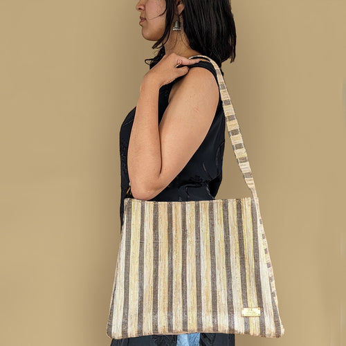 Shimmery Golden and Cassette Tape Brown White Striped Waste Plastic Wrappers Upcycled Handwoven Trapeze Tote (TT0524-003) PS_W