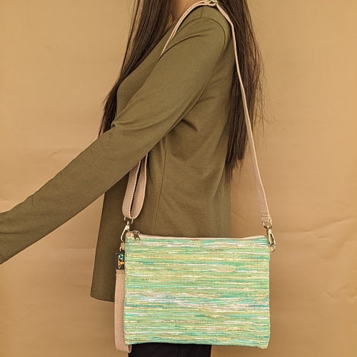 Shimmery Golden and Green Mix Upcycled Handwoven Waste Plastic Wrappers Sling Bag (SI0424-023) PS_W