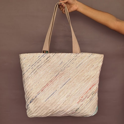 Shimmery White with Multicolored Stripes Waste Plastic Wrappers Upcycled Handwoven Beach Bag (BB0424-031) PS_W