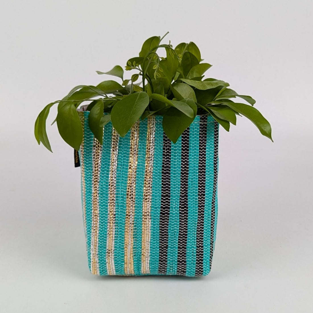 Shimmery Golden Green Black Handwoven Upcycled Small Grow Pot (GPS0125-007) PS_W