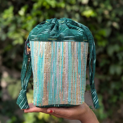 Shimmery Golden Green Striped Upcycled Handwoven Potli Bag (P1124-013) PS_W