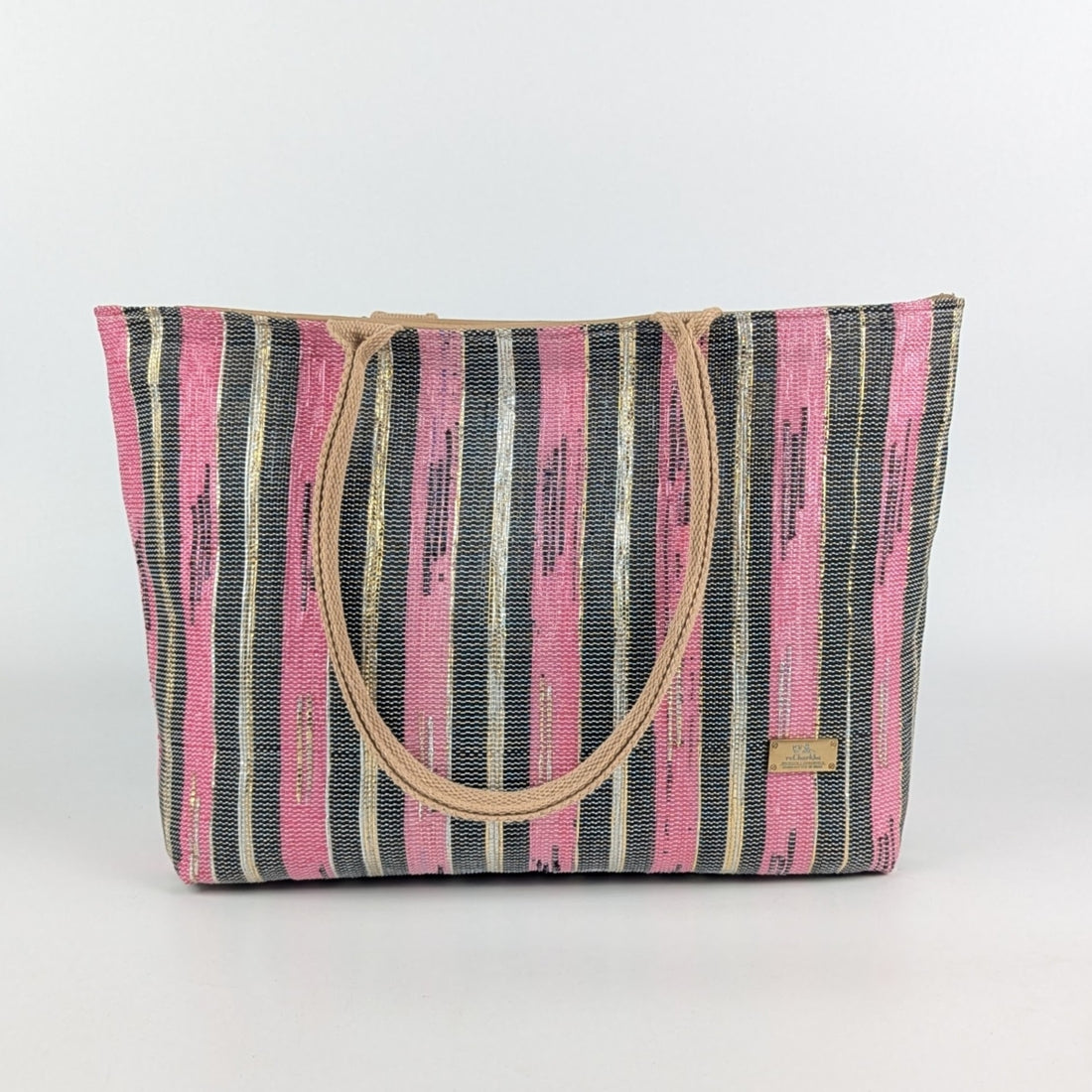 Shimmery Golden Pink Black Upcycled Handwoven Designer Office Tote (OTD1224-003) PS_W